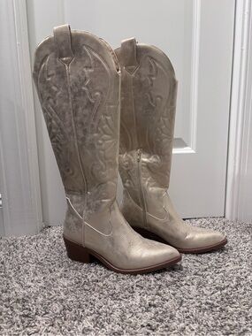 Metallic Light Gold Western Knee-High Boots